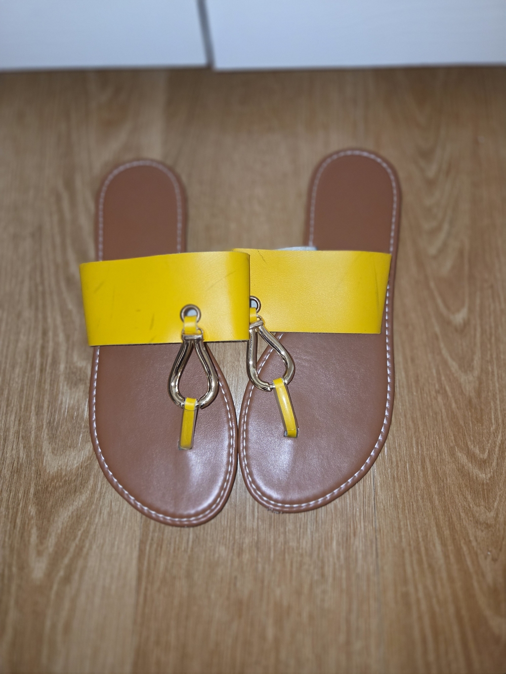 Unk Yellow and Brown Slide Sandals
